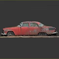 Rusty Old Red Car Model Displayed On Dirt And Grass Base
