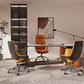 Modern Office Interior Design With Glass Desk Comfortable Chairs Artwork Potted Plant And Display Shelf