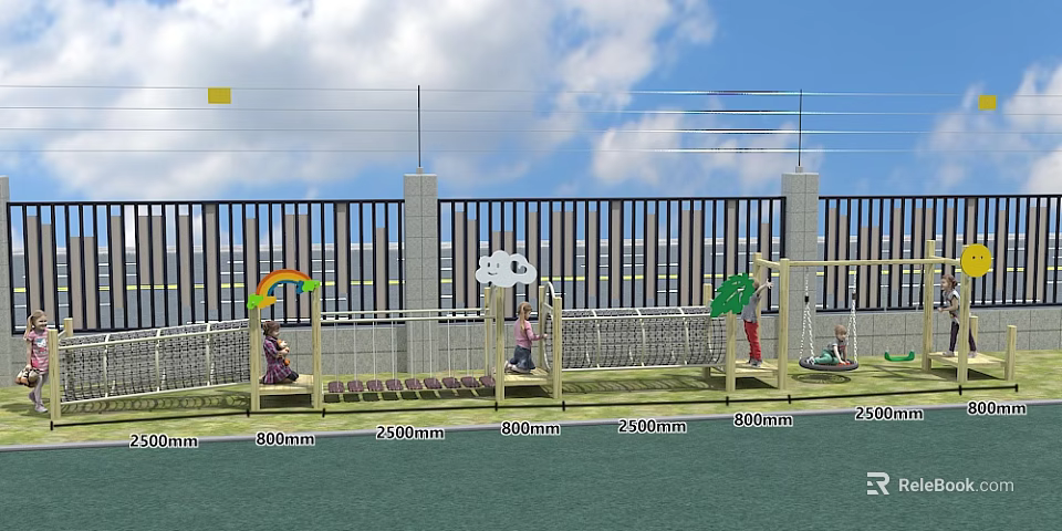 Kindergarten Outdoor Playground with Rainbow Cloud Leaf Decorations and Kids Playing Safely 3d model