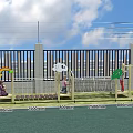 Kindergarten Outdoor Playground with Rainbow Cloud Leaf Decorations and Kids Playing Safely 3d model