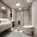 Modern Bathroom Interior With Glass Shower Enclosure Toilet Vanity And Washing Machine