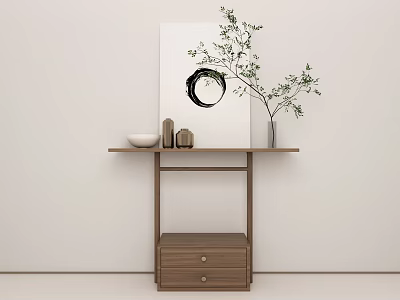 Minimalist Wooden Console Table With Green Plant Vase Drawer And Decorative Painting 3d model