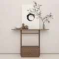 Minimalist Wooden Console Table With Green Plant Vase Drawer And Decorative Painting