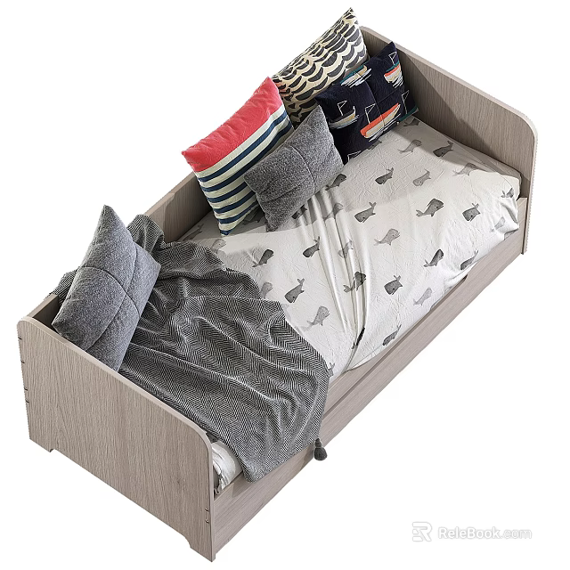 Cozy Sofa Bed With Cushions Blanket And Patterned Sheet 3d model 