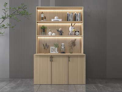 Modern Wooden Bookcase With Layered Shelves LED Lighting Decorative Plants And Books 3d model