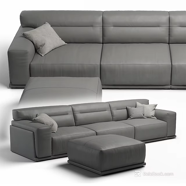 Modern Gray Two Seater Sofa With Throw Pillows And Ottoman 3d model 