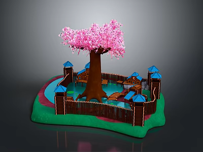 Scenic View With Pink Cherry Blossom Tree Blue Roof Pavilions Green Grass And Wooden Fence 3d model