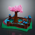 Scenic View With Pink Cherry Blossom Tree Blue Roof Pavilions Green Grass And Wooden Fence