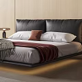 Modern Double Bed with Black Leather Headboard White Sheets Red Gray Blankets and Table Lamp 3d model