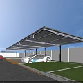 Covered Parking Lot With Parked Cars Gray Pavement Green Lawn And Blue Sky