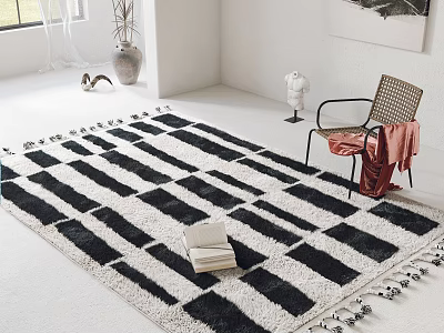 Square Black And White Striped Plush Rug With Tassels In Modern Room Interior 3d model