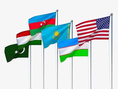 Various National Flags Including USA And Asian Countries On Flagpoles With White Background 3d model