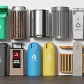 Public Trash Cans With Various Designs And Recycling Symbols For Outdoor Areas
