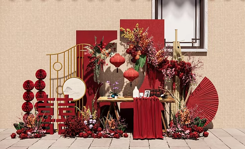 Chinese Style Wedding Beauty Chen Wedding Small View Chinese Style Wedding Banquet Flower Art Beauty Chen Red Gold 3d model