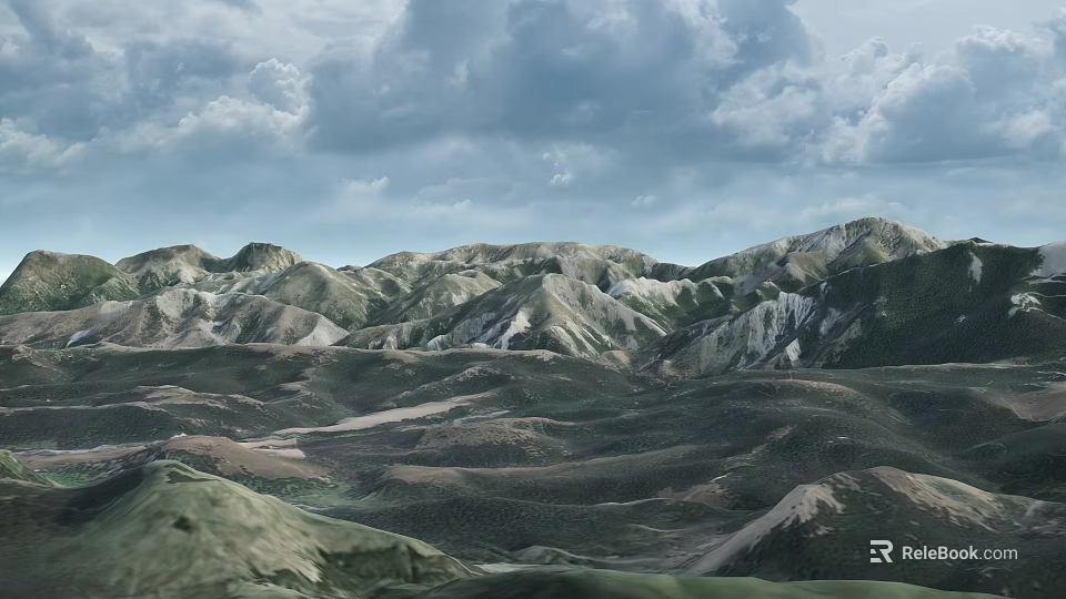 Scenic Mountain Landscape With Rolling Hills And Colorful Rock Formations Under Cloudy Sky 3d model 