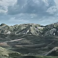 Scenic Mountain Landscape With Rolling Hills And Colorful Rock Formations Under Cloudy Sky