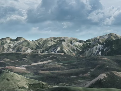 Scenic Mountain Landscape With Rolling Hills And Colorful Rock Formations Under Cloudy Sky 3d model