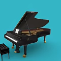 Black Grand Piano With Matching Stool On Blue Background For Musical Instrument