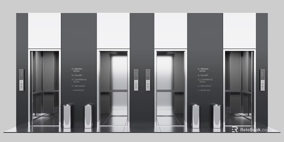Modern Elevator Interior Design With Stainless Steel Doors And Black Silver Panels In Building 3d model 