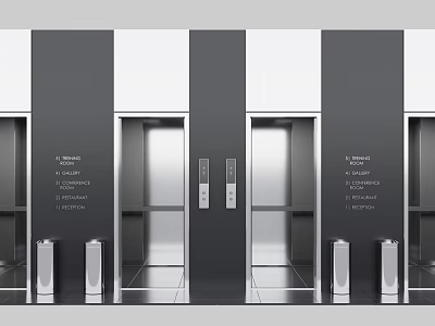 Modern Elevator Interior Design With Stainless Steel Doors And Black Silver Panels In Building 3d model