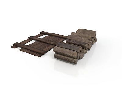 Wooden Train Model With Track Structure Made Of Planks And Logs 3d model