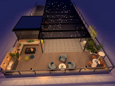 Roof Garden Design Featuring Wooden Deck Outdoor Seating Lighting And Green Plants 3d model