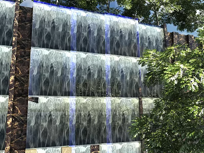 Modern Building Exterior Wall With Waterfall Feature Stone Panels And Green Plants 3d model