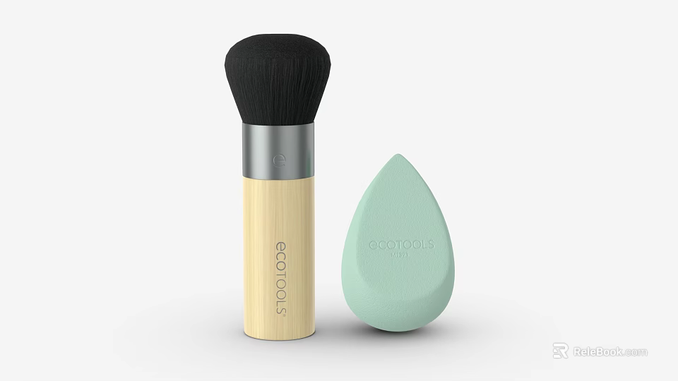 Ecotools Makeup Brush With Wooden Handle And Black Bristles Plus Light Green Teardrop Beauty Sponge 3d model 