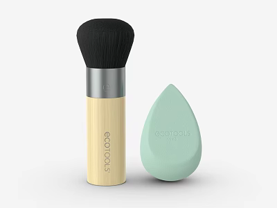 Ecotools Makeup Brush With Wooden Handle And Black Bristles Plus Light Green Teardrop Beauty Sponge 3d model