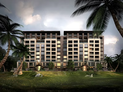 Modern Apartment Building Exterior With Green Lawn And Palm Trees Landscaping 3d model