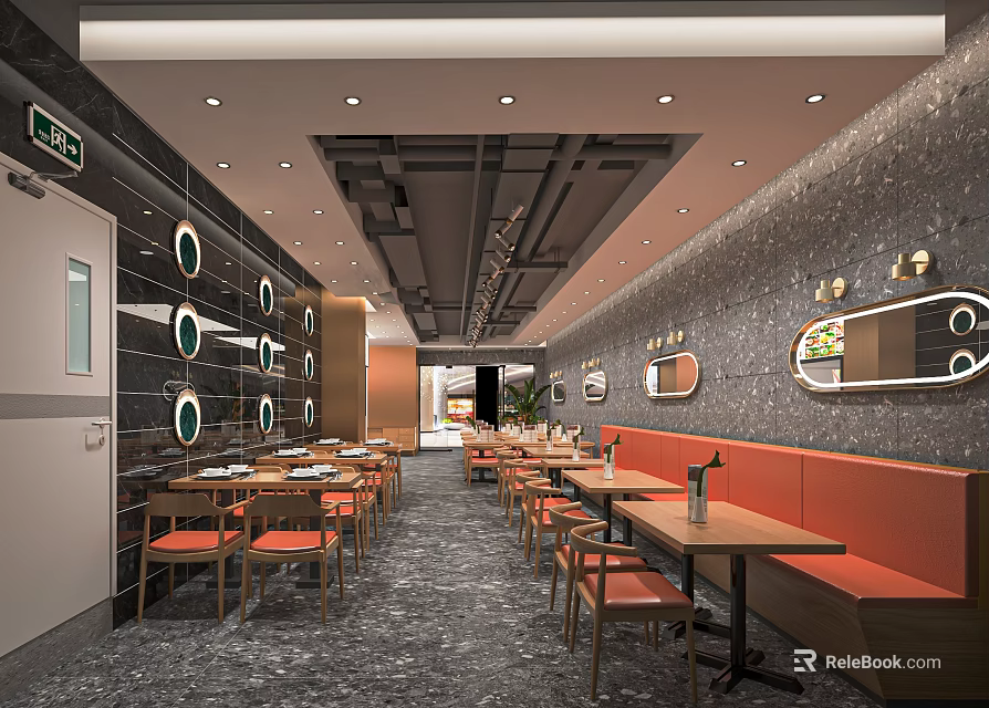 Modern Restaurant With Orange Booths Wooden Tables Black Walls Circular Decorations And Ceiling Lights 3d model 