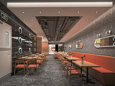 Modern Restaurant With Orange Booths Wooden Tables Black Walls Circular Decorations And Ceiling Lights 3d model