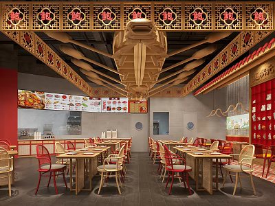 Traditional Chinese Restaurant Interior With Carved Ceiling Red Chairs Wooden Tables And Fortune Decorations 3d model