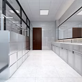 Modern Public Restroom Interior With Clean Washbasins Mirrors Glass Partitions And Bright Lighting