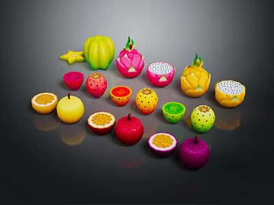 Vibrant Exotic Fruits Display With Whole And Sliced Varieties Including Dragon Fruit Kiwi And Passion Fruit 3d model