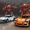 Creative Building Blocks Models Featuring Iron Man Mechs And White Orange Sports Cars