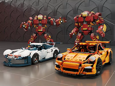 Creative Building Blocks Models Featuring Iron Man Mechs And White Orange Sports Cars 3d model