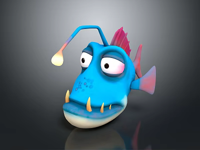 Cartoon Blue Fish With Glowing Lure Big Eyes Red Fin Sharp Teeth And Pink Fins 3d model