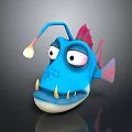 Cartoon Blue Fish With Glowing Lure Big Eyes Red Fin Sharp Teeth And Pink Fins