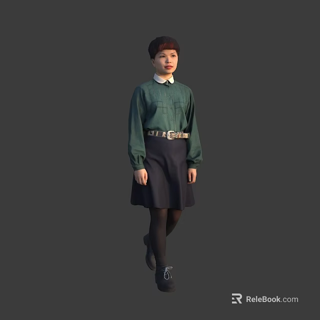 Woman in Green Shirt and Dark Skirt with Black Stockings and Metal Buckle Belt 3d model 