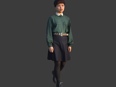 Woman in Green Shirt and Dark Skirt with Black Stockings and Metal Buckle Belt 3d model