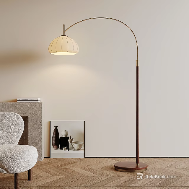 Modern Arched Floor Lamp With Light Lampshade In Living Room With Cozy Sofa And Fireplace 3d model 
