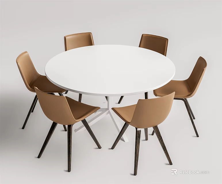 Round White Dining Table Set With Four Brown Modern Chairs 3d model 