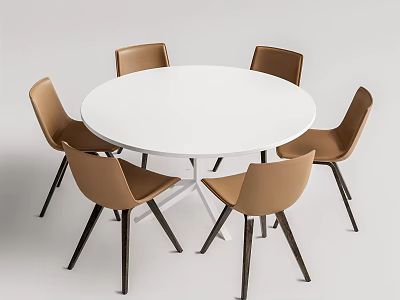 Round White Dining Table Set With Four Brown Modern Chairs 3d model