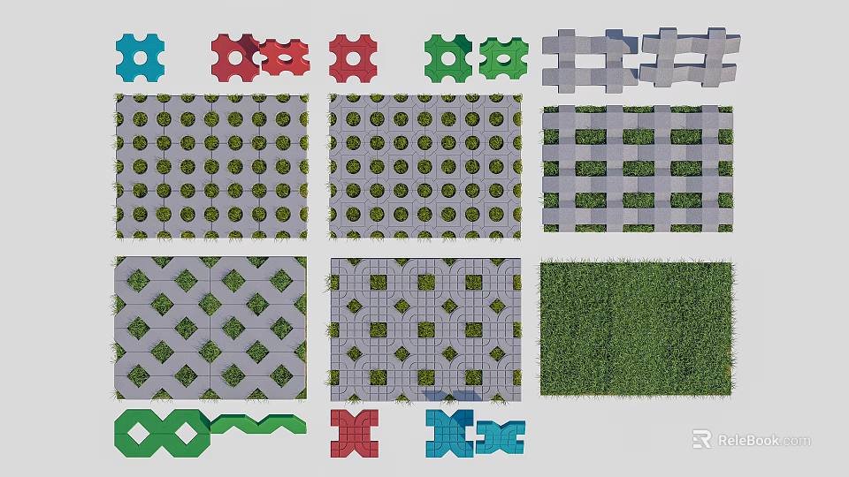Decorative Outdoor Floor Tiles With Various Colors Interlocking Patterns Grass Style And Geometric Designs 3d model 
