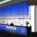 Modern Blue Bar Interior With Sleek Counter White Stools And Glass Wall