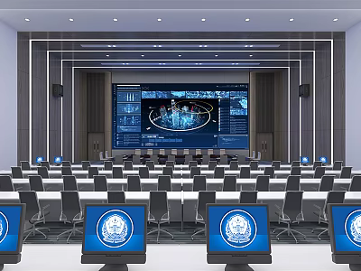 Modern Monitoring Room With Large Screen Displays Control Desks And Workstations 3d model