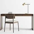 Modern Wooden Desk and Chair Set With Drawer Books and Table Lamp