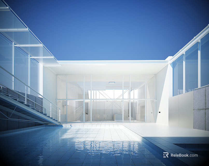 Modern Swimming Pool Interior With Glass Walls Blue Water And Natural Light 3d model 