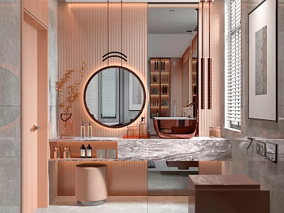 Modern Bathroom Interior Design With Round Mirror Marble Countertop Wooden Elements And Bathtub 3d model